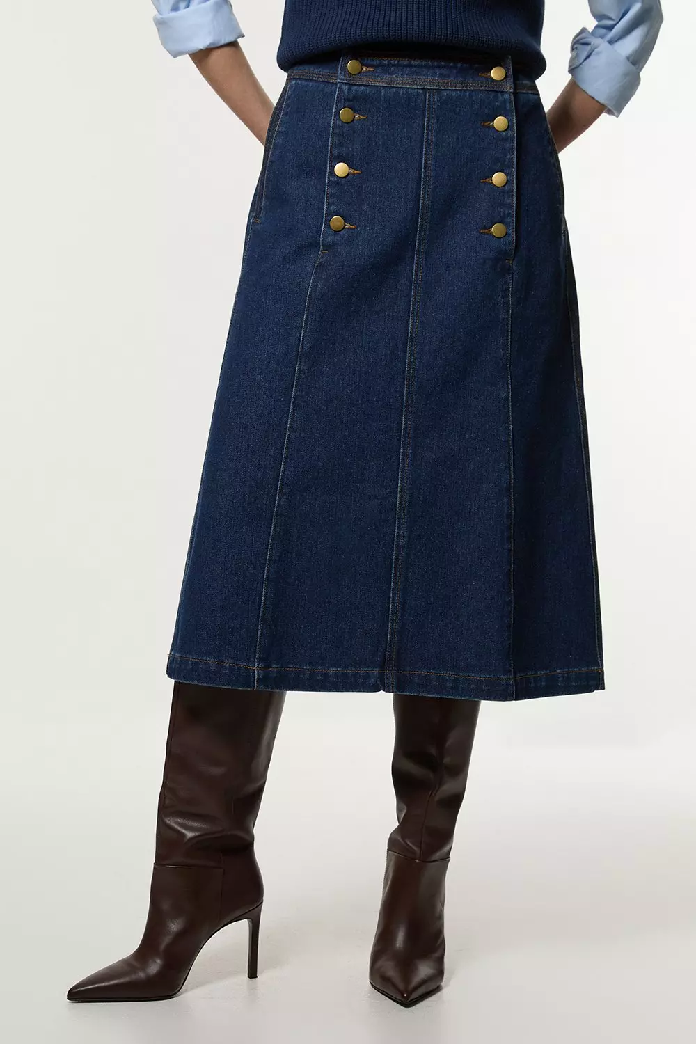 【KAREN MILLEN】デニムボタンフロントAラインミディスカート Denim Button Front A Line Midi Skirt | Karen Millen